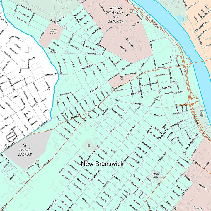 Premium Style Wall Map of New Brunswick, NJ