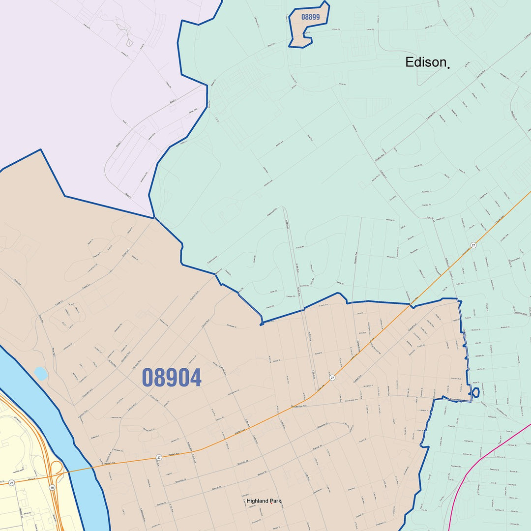 Color Cast Zip Code Style Wall Map of New Brunswick, NJ