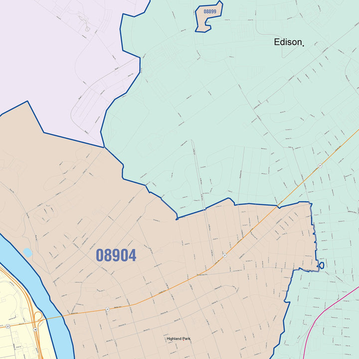 Color Cast Zip Code Style Wall Map of New Brunswick, NJ