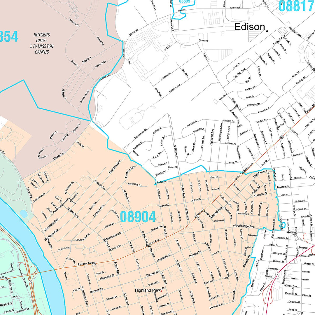 Premium Style Wall Map of New Brunswick, NJ