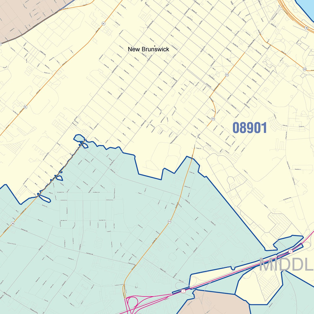 Color Cast Zip Code Style Wall Map of New Brunswick, NJ