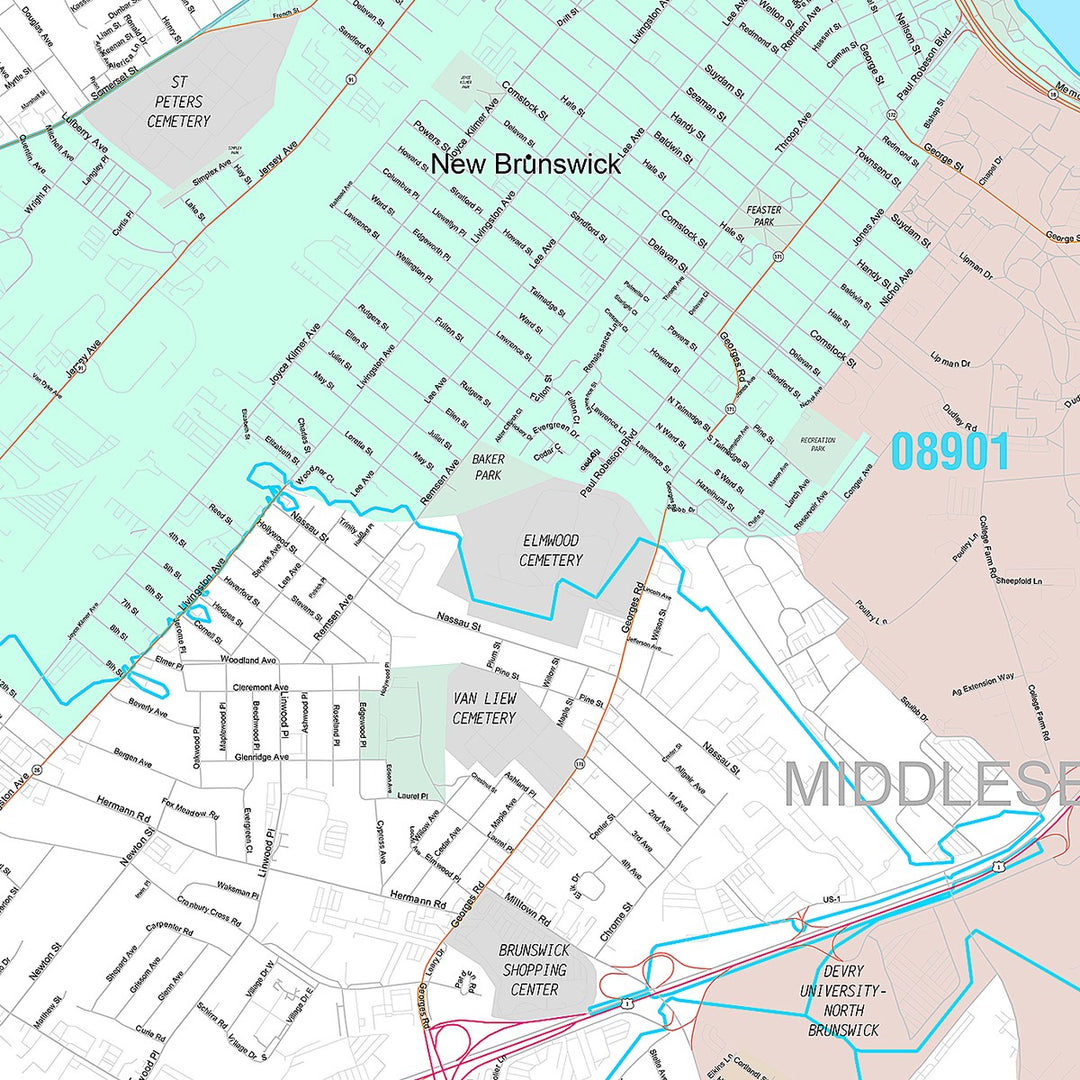Premium Style Wall Map of New Brunswick, NJ