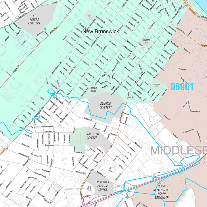Premium Style Wall Map of New Brunswick, NJ