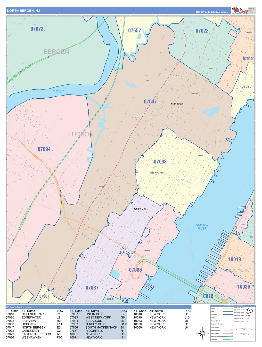 Color Cast Zip Code Style Wall Map of North Bergen, NJ