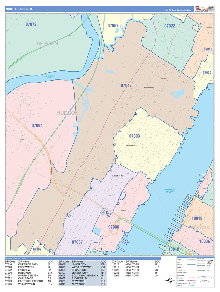 Color Cast Zip Code Style Wall Map of North Bergen, NJ