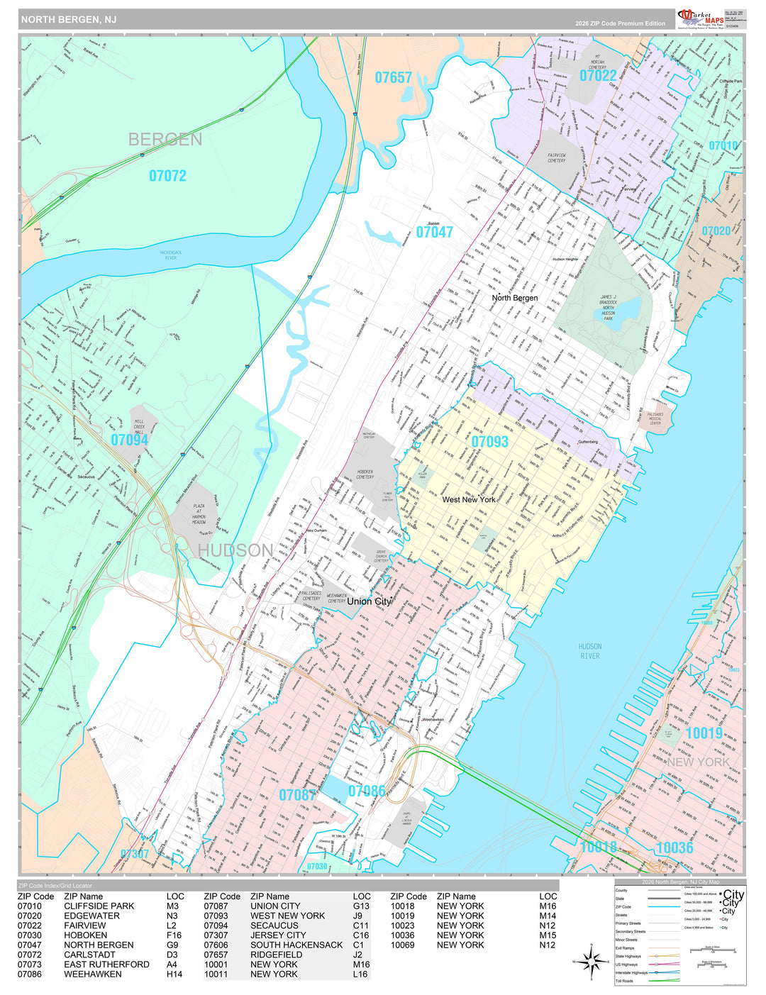 Premium Style Wall Map of North Bergen, NJ
