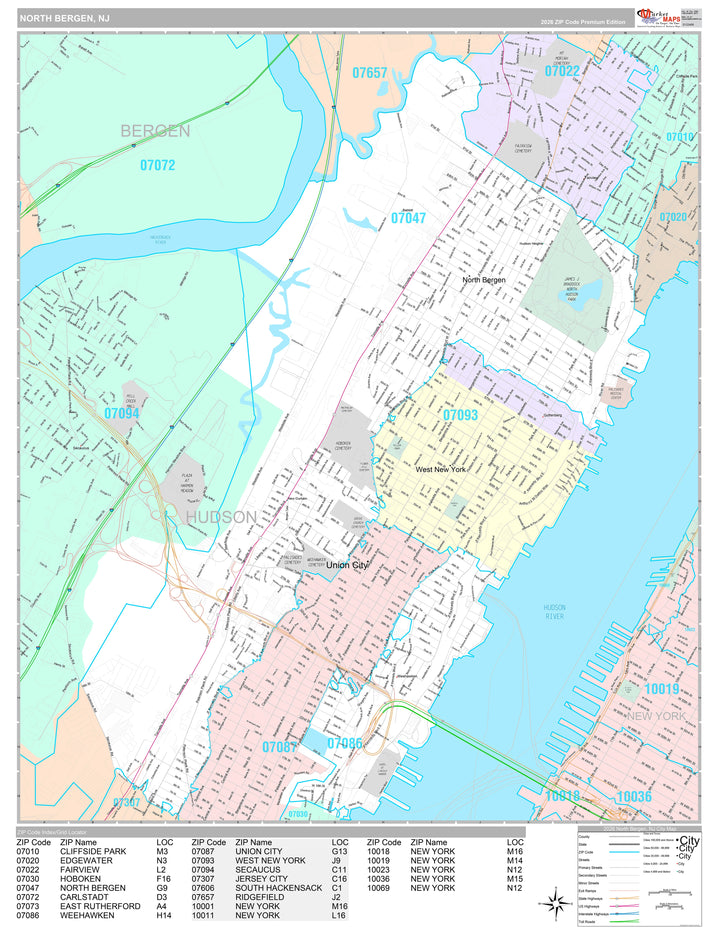 Premium Style Wall Map of North Bergen, NJ