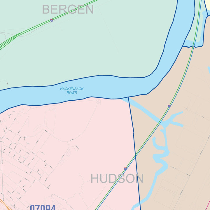 Color Cast Zip Code Style Wall Map of North Bergen, NJ