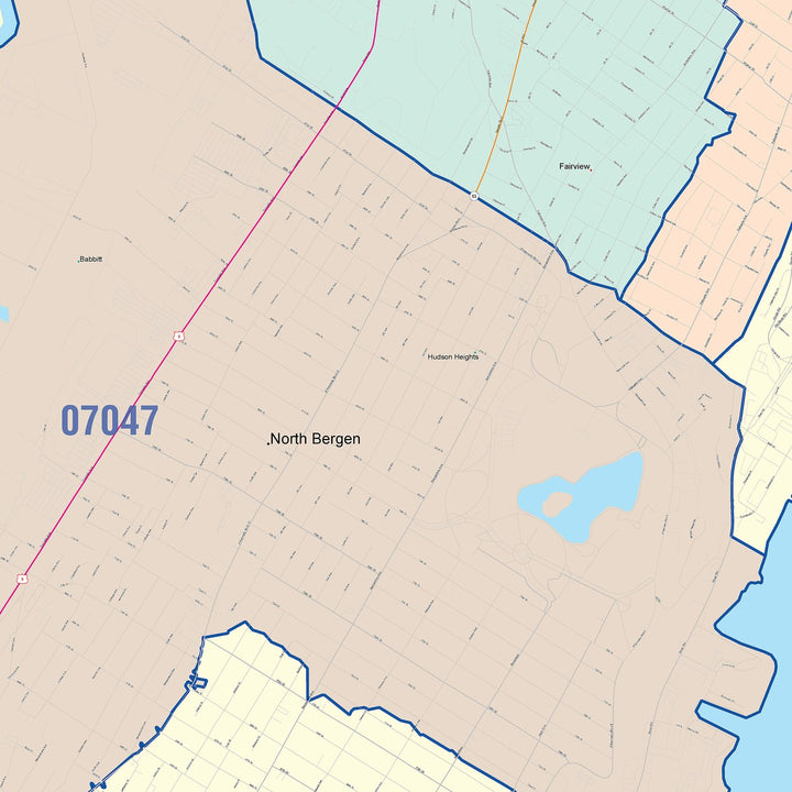 Color Cast Zip Code Style Wall Map of North Bergen, NJ