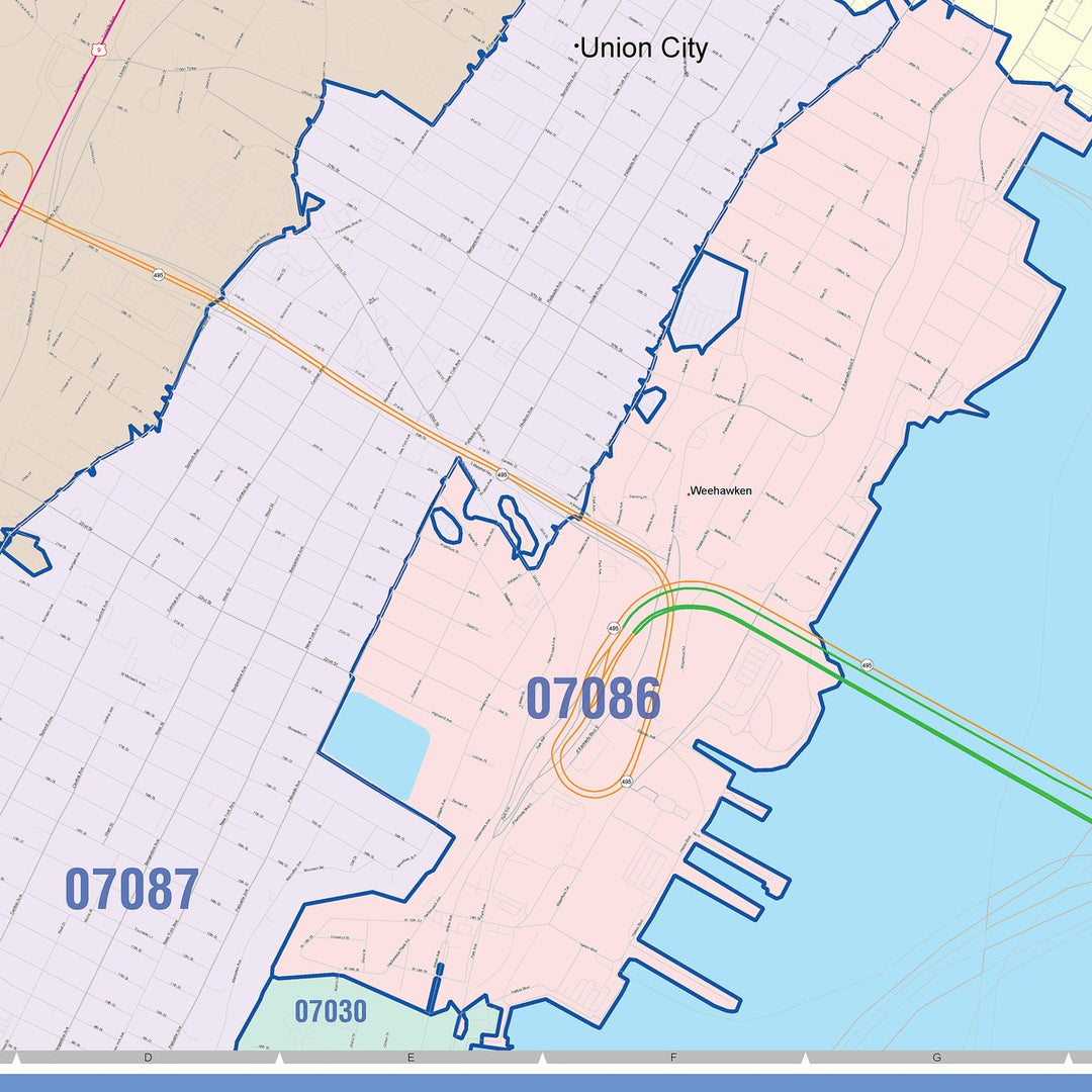 Color Cast Zip Code Style Wall Map of North Bergen, NJ