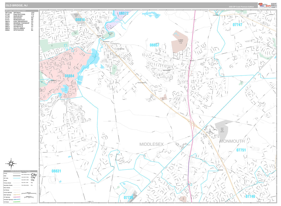 Premium Style Wall Map of Old Bridge, NJ