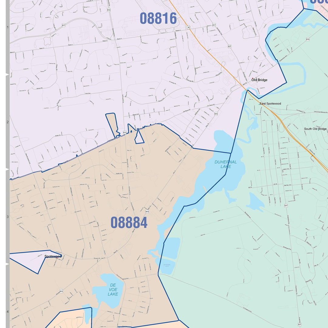 Color Cast Zip Code Style Wall Map of Old Bridge, NJ