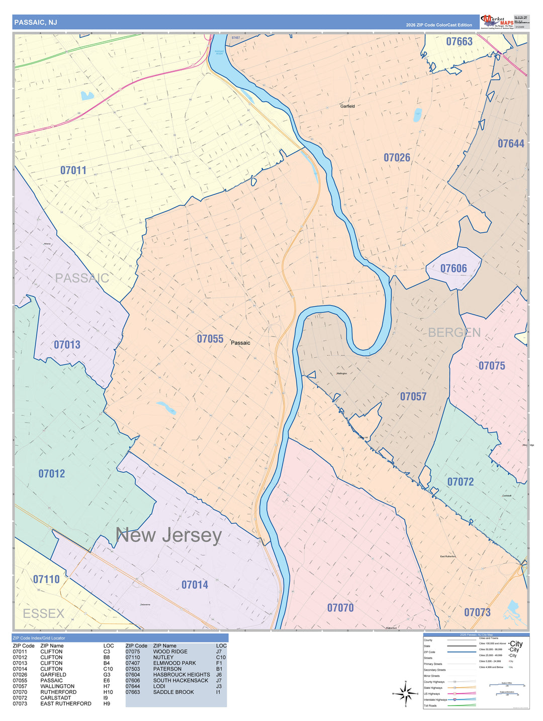 Color Cast Zip Code Style Wall Map of Passaic, NJ
