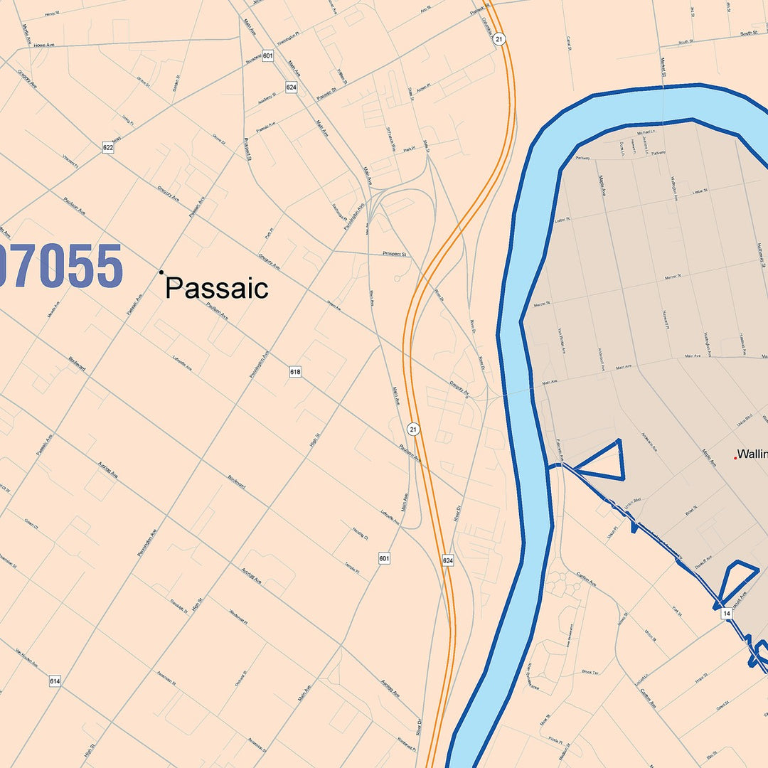 Color Cast Zip Code Style Wall Map of Passaic, NJ