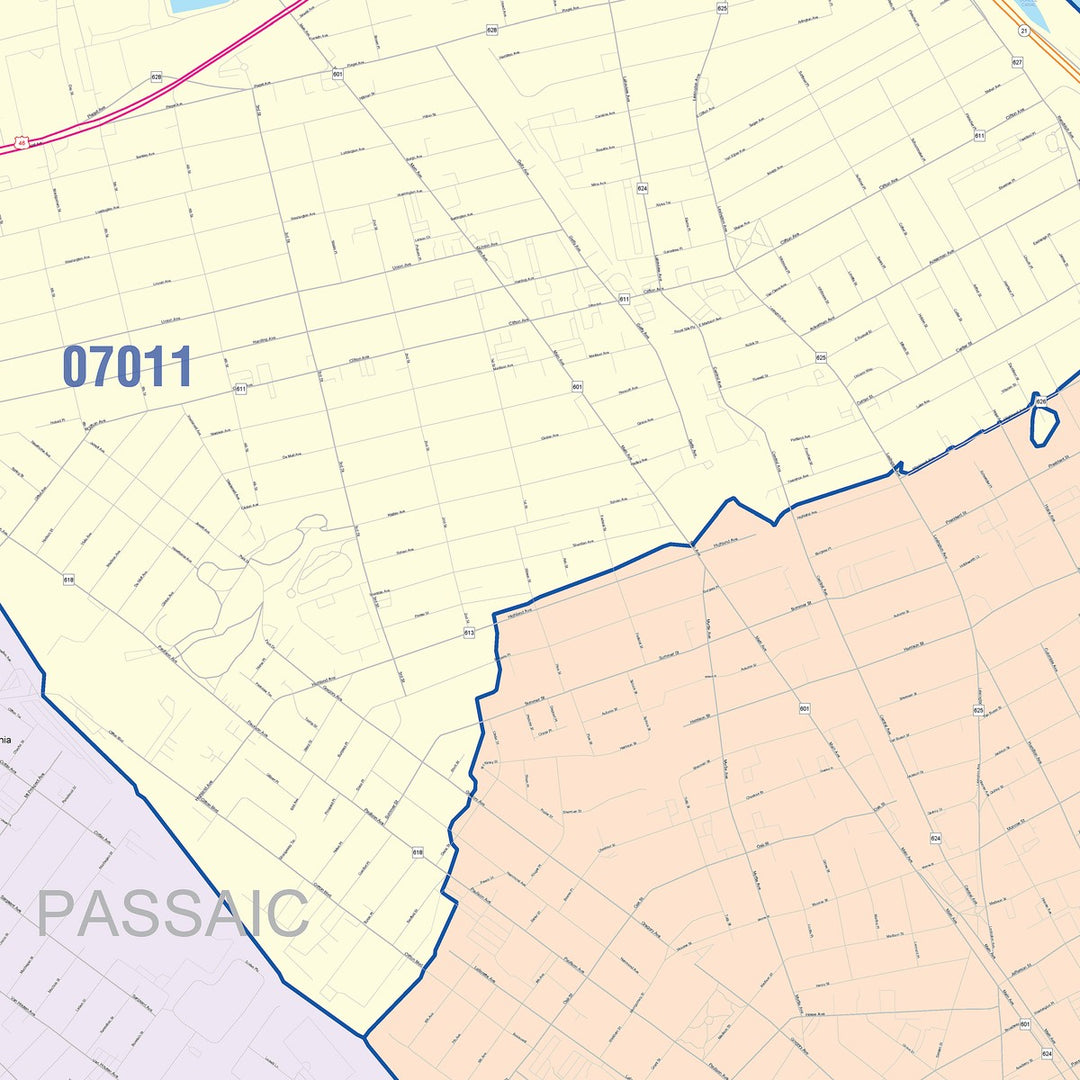 Color Cast Zip Code Style Wall Map of Passaic, NJ