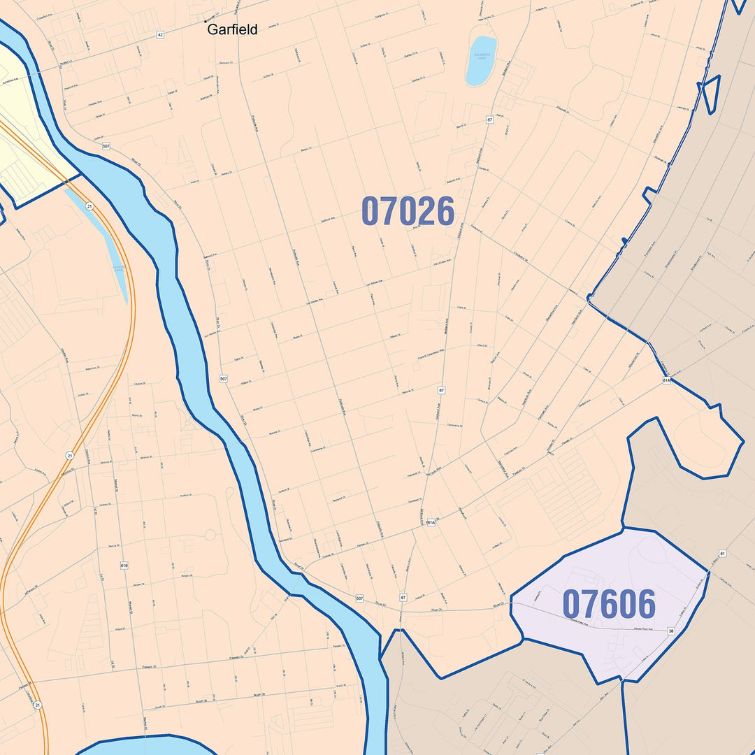 Color Cast Zip Code Style Wall Map of Passaic, NJ