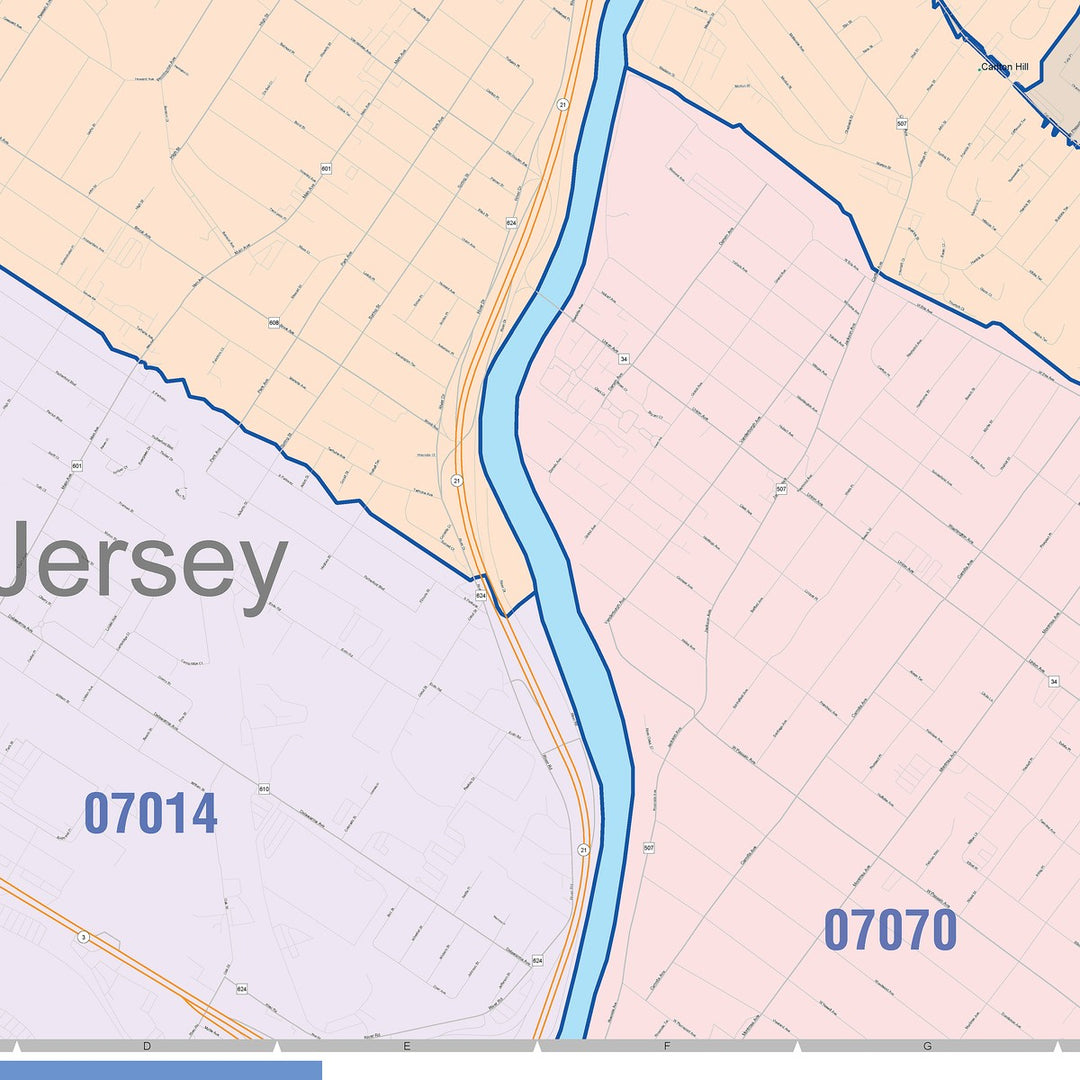 Color Cast Zip Code Style Wall Map of Passaic, NJ
