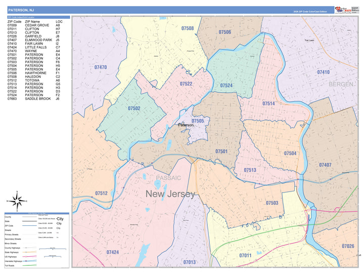 Color Cast Zip Code Style Wall Map of Paterson, NJ