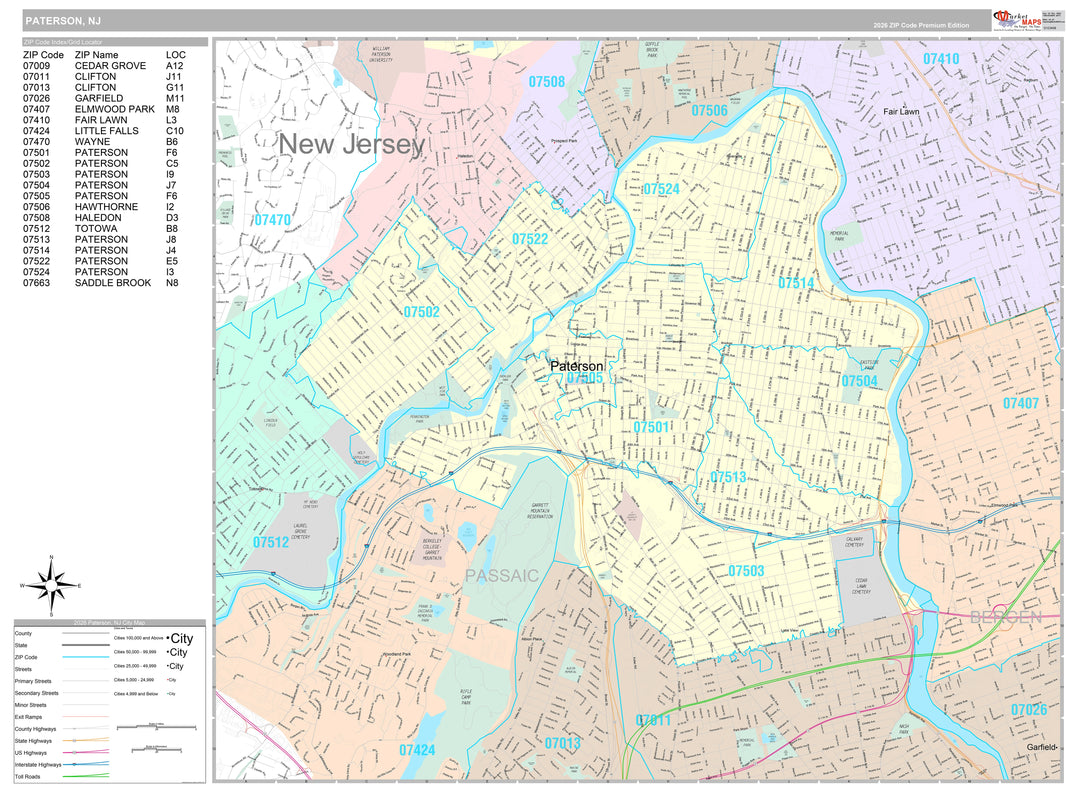 Premium Style Wall Map of Paterson, NJ