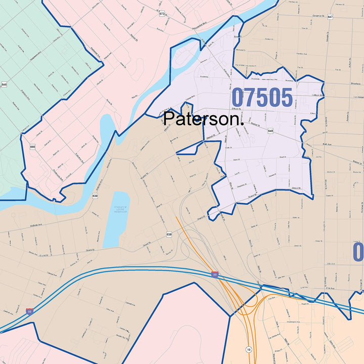 Color Cast Zip Code Style Wall Map of Paterson, NJ