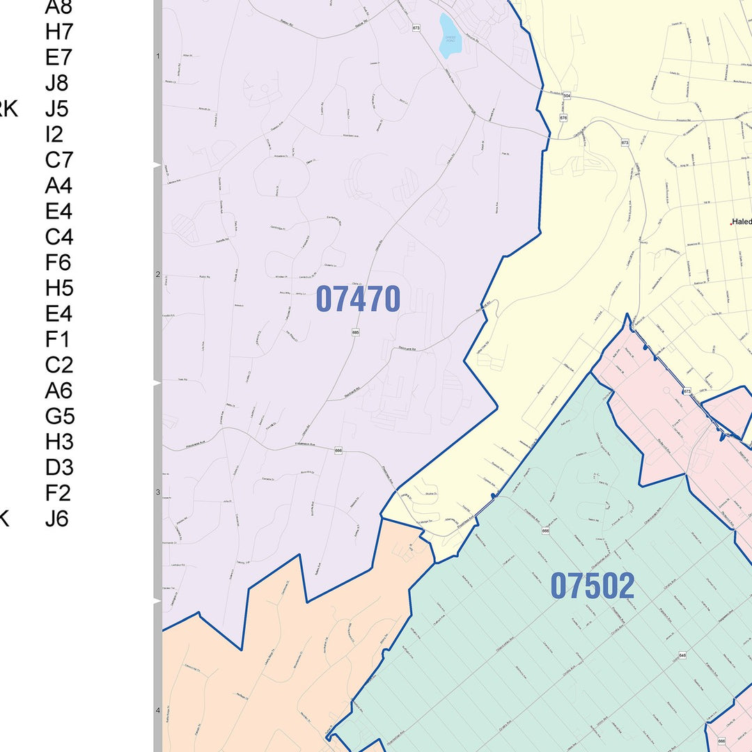 Color Cast Zip Code Style Wall Map of Paterson, NJ