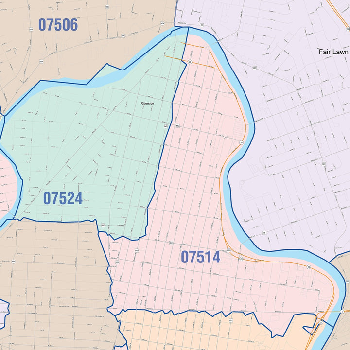 Color Cast Zip Code Style Wall Map of Paterson, NJ