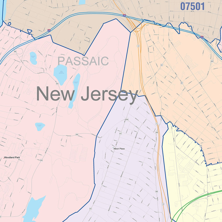 Color Cast Zip Code Style Wall Map of Paterson, NJ