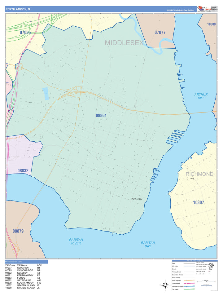 Color Cast Zip Code Style Wall Map of Perth Amboy, NJ