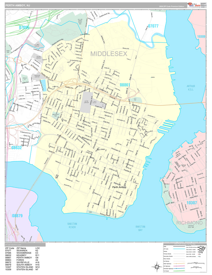 Premium Style Wall Map of Perth Amboy, NJ