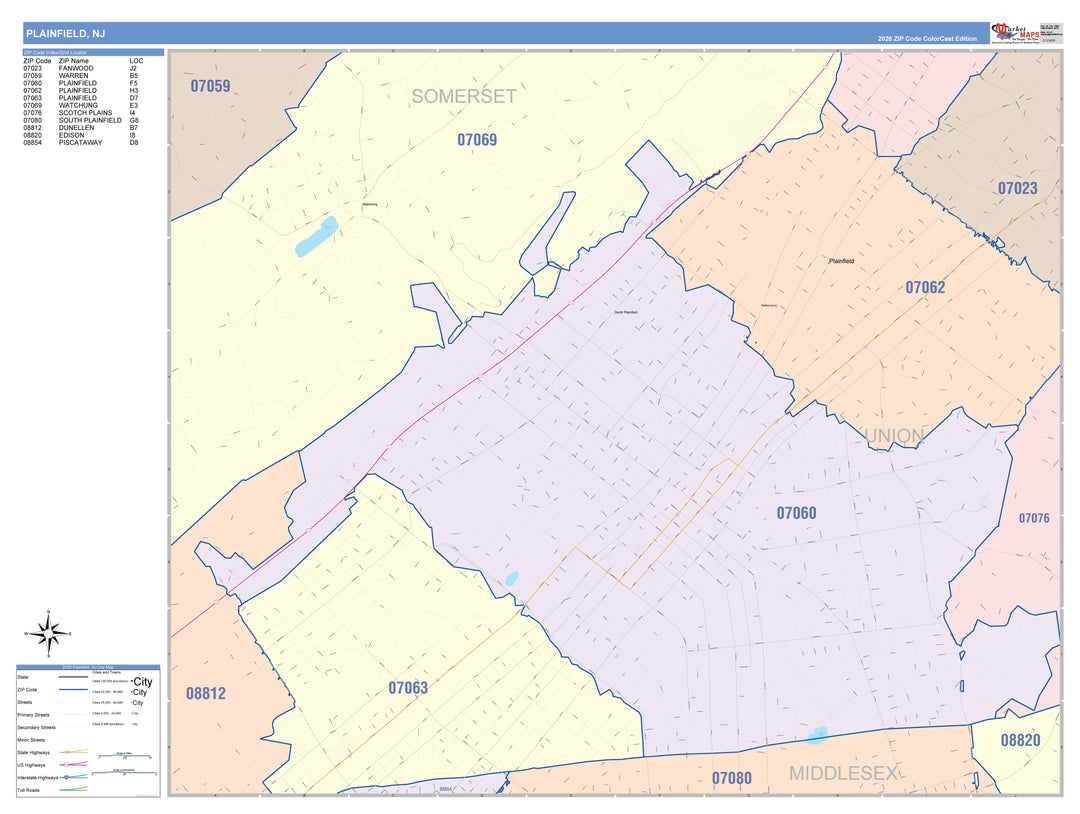 Color Cast Zip Code Style Wall Map of Plainfield, NJ