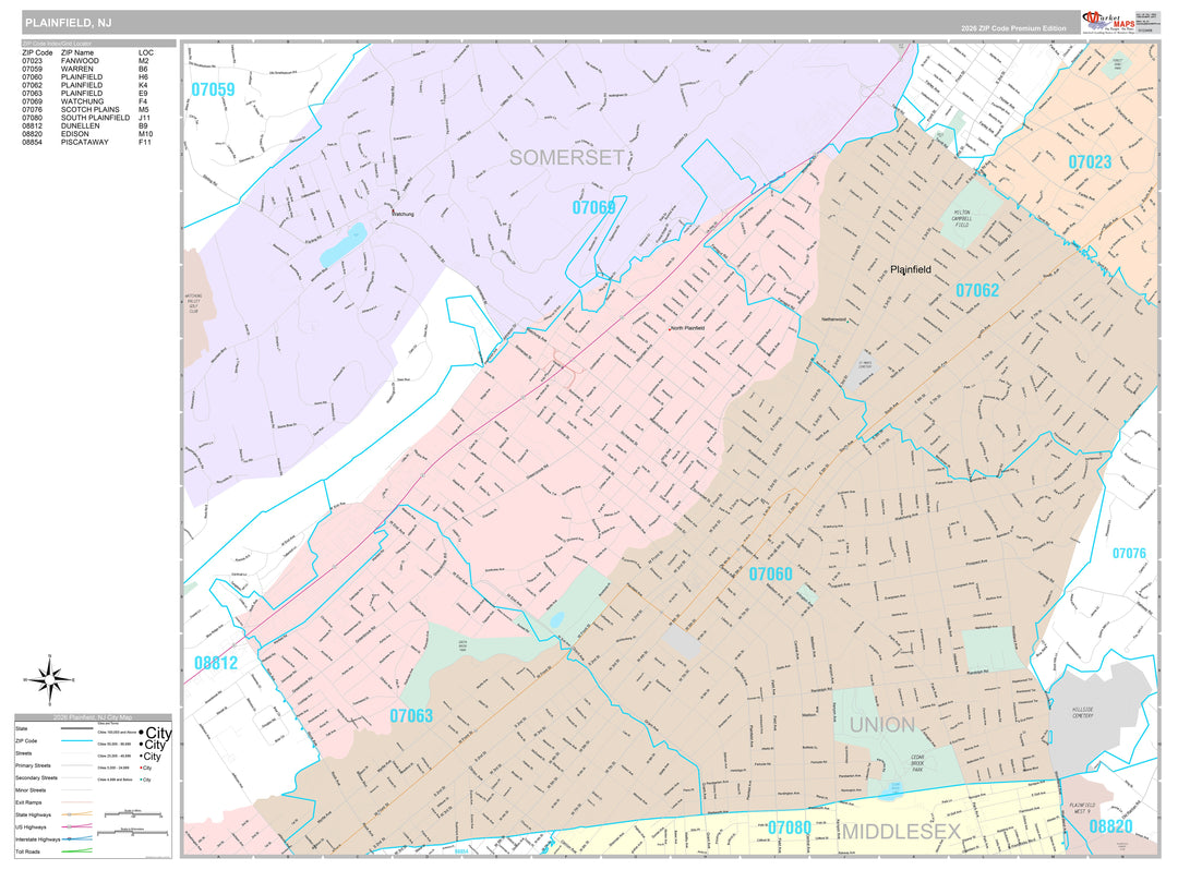 Premium Style Wall Map of Plainfield, NJ