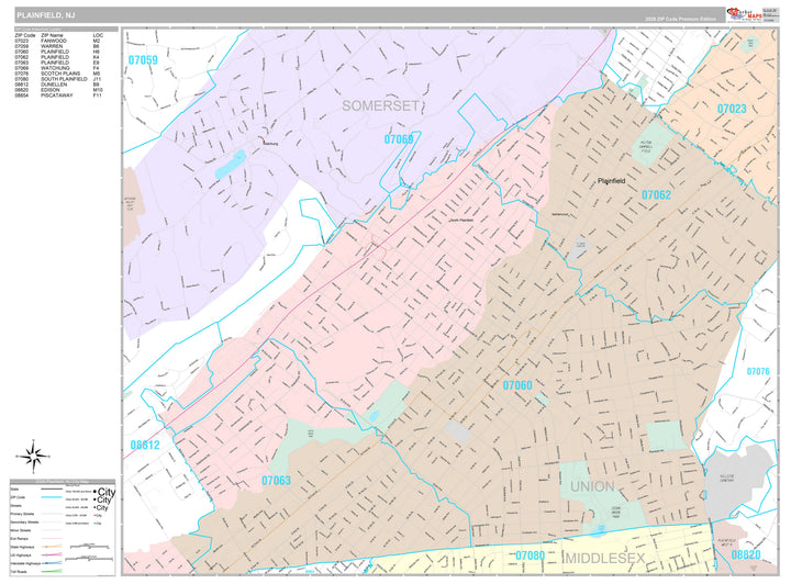 Premium Style Wall Map of Plainfield, NJ