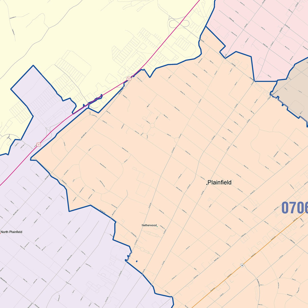Color Cast Zip Code Style Wall Map of Plainfield, NJ