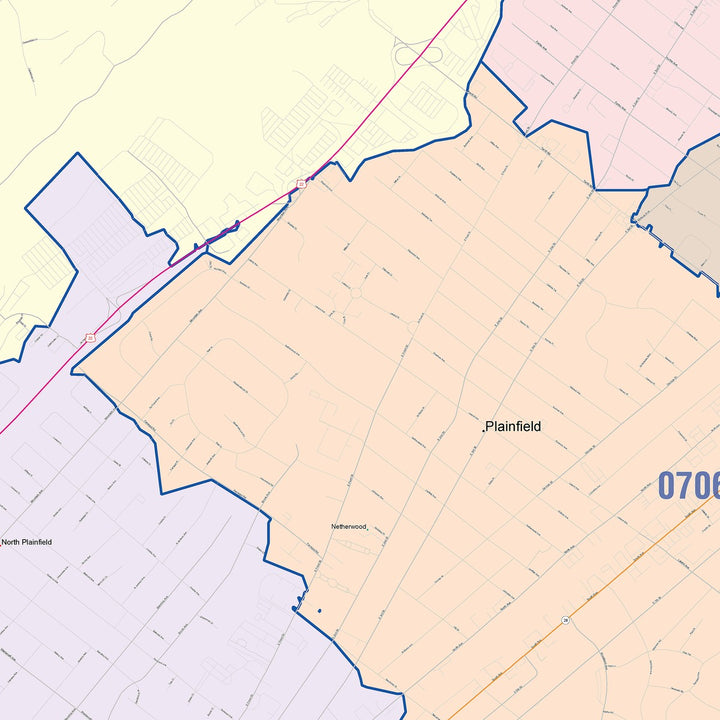 Color Cast Zip Code Style Wall Map of Plainfield, NJ