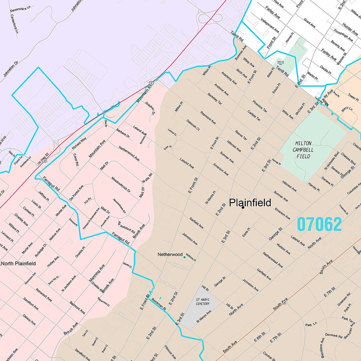 Premium Style Wall Map of Plainfield, NJ