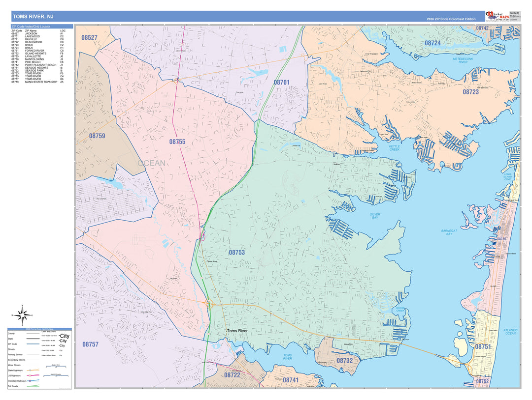 Color Cast Zip Code Style Wall Map of Toms River, NJ