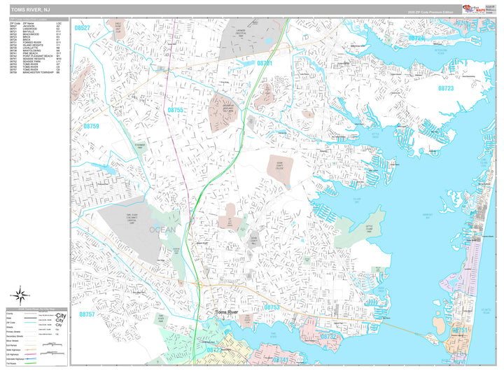 Premium Style Wall Map of Toms River, NJ