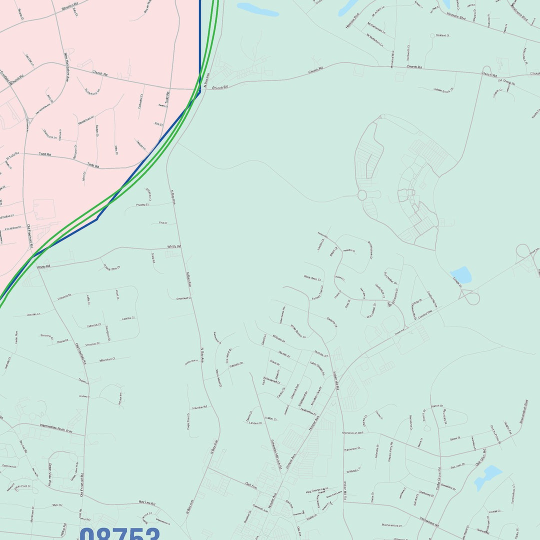 Color Cast Zip Code Style Wall Map of Toms River, NJ