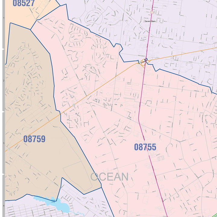 Color Cast Zip Code Style Wall Map of Toms River, NJ
