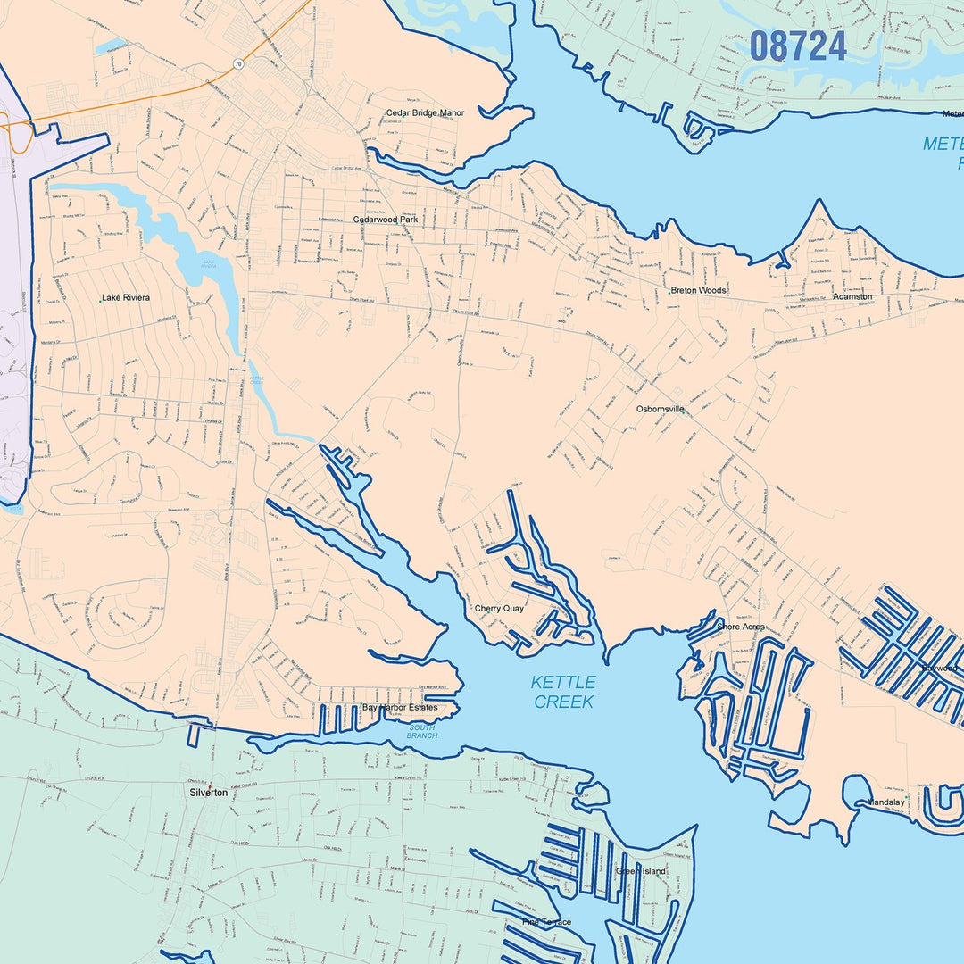 Color Cast Zip Code Style Wall Map of Toms River, NJ