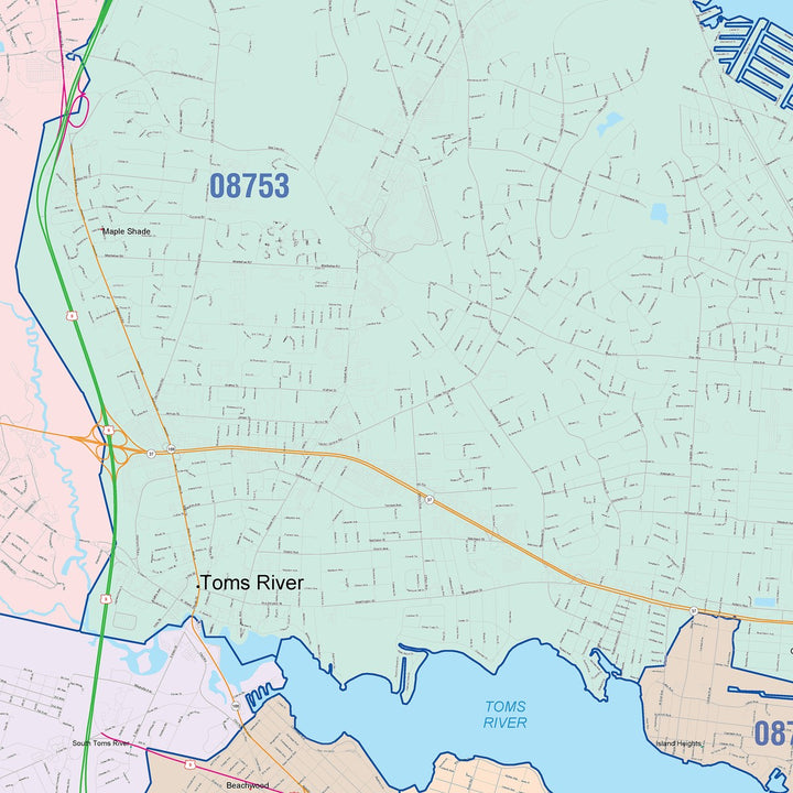 Color Cast Zip Code Style Wall Map of Toms River, NJ