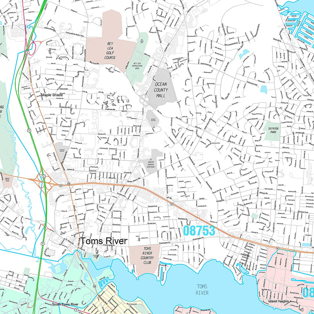 Premium Style Wall Map of Toms River, NJ