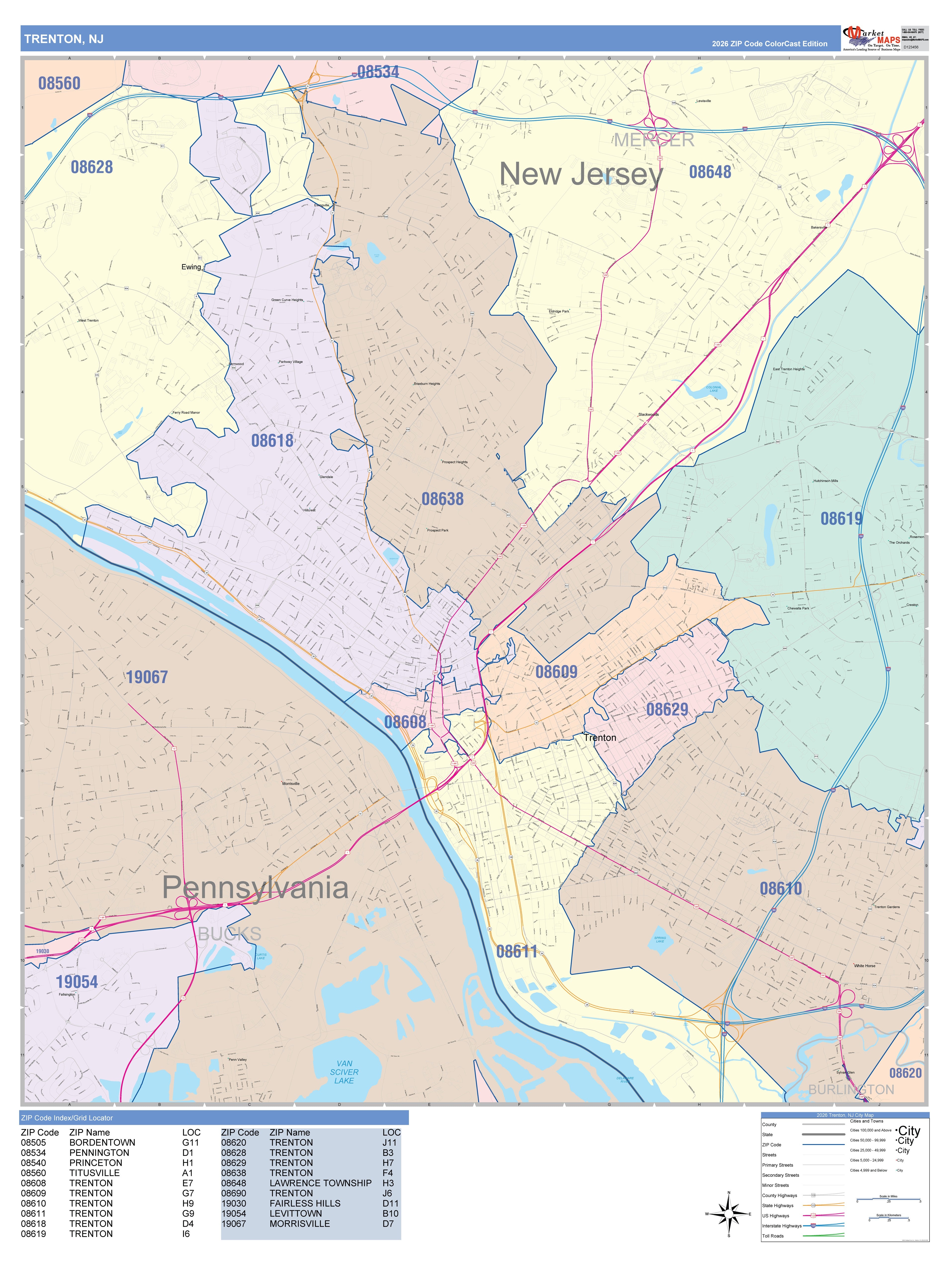 Color Cast Zip Code Style Wall Map of Trenton, NJ – American Map Store