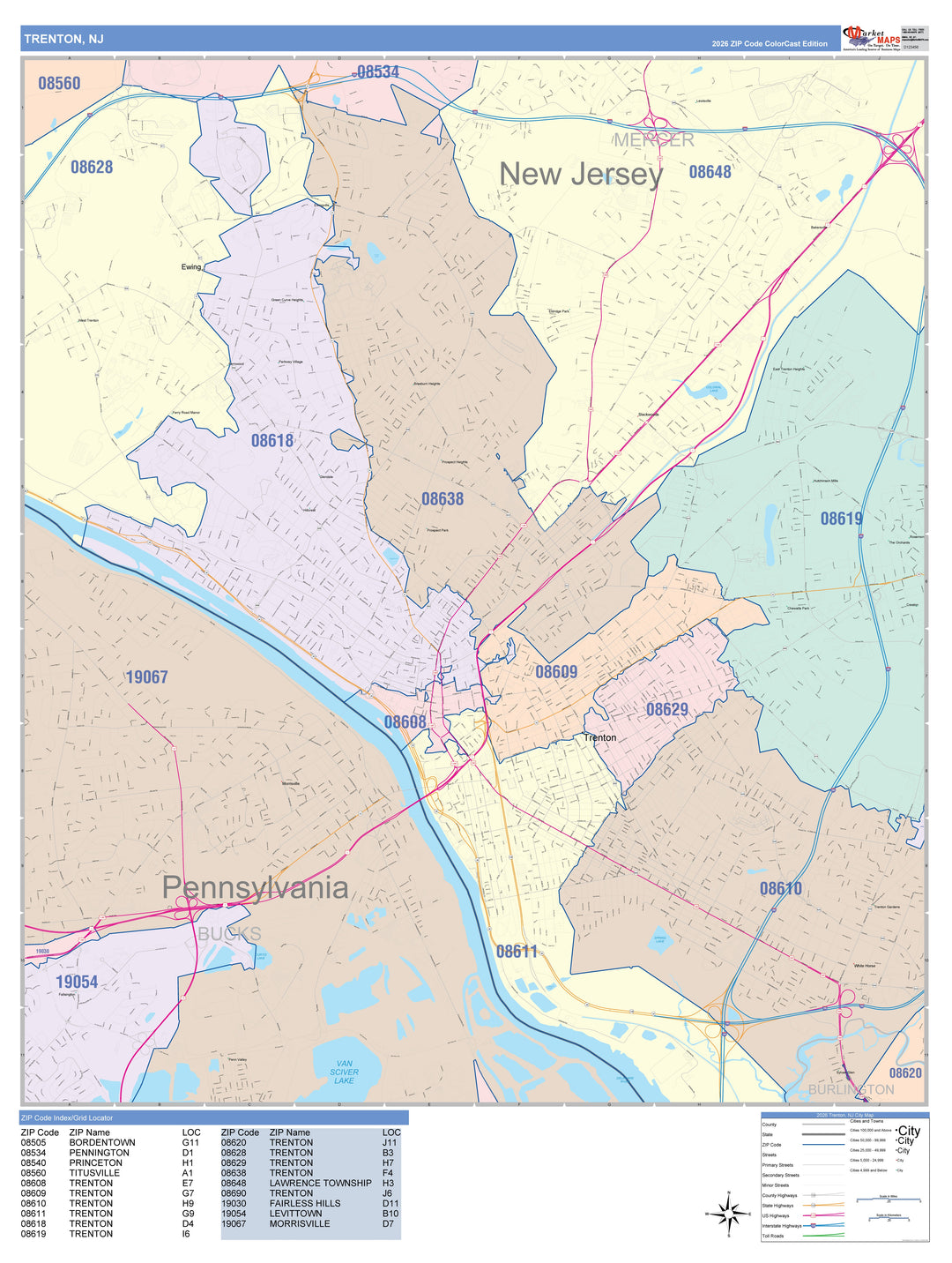 Color Cast Zip Code Style Wall Map of Trenton, NJ