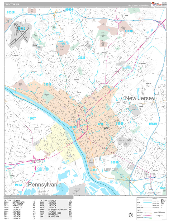 Premium Style Wall Map of Trenton, NJ