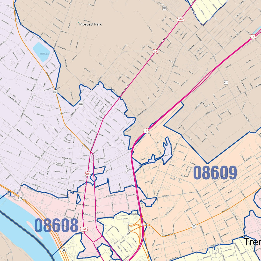 Color Cast Zip Code Style Wall Map of Trenton, NJ