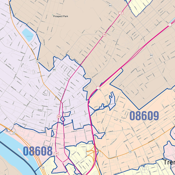 Color Cast Zip Code Style Wall Map of Trenton, NJ
