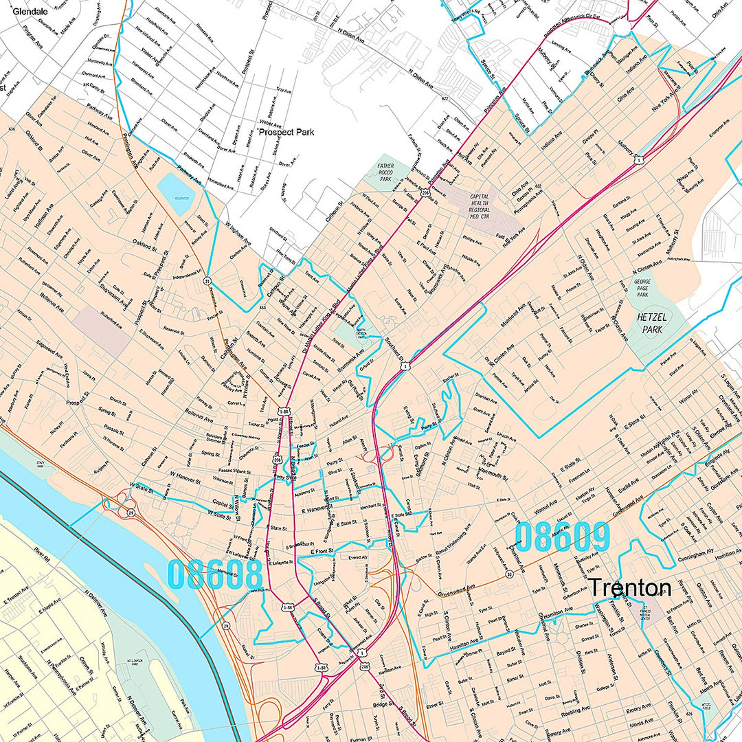 Premium Style Wall Map of Trenton, NJ