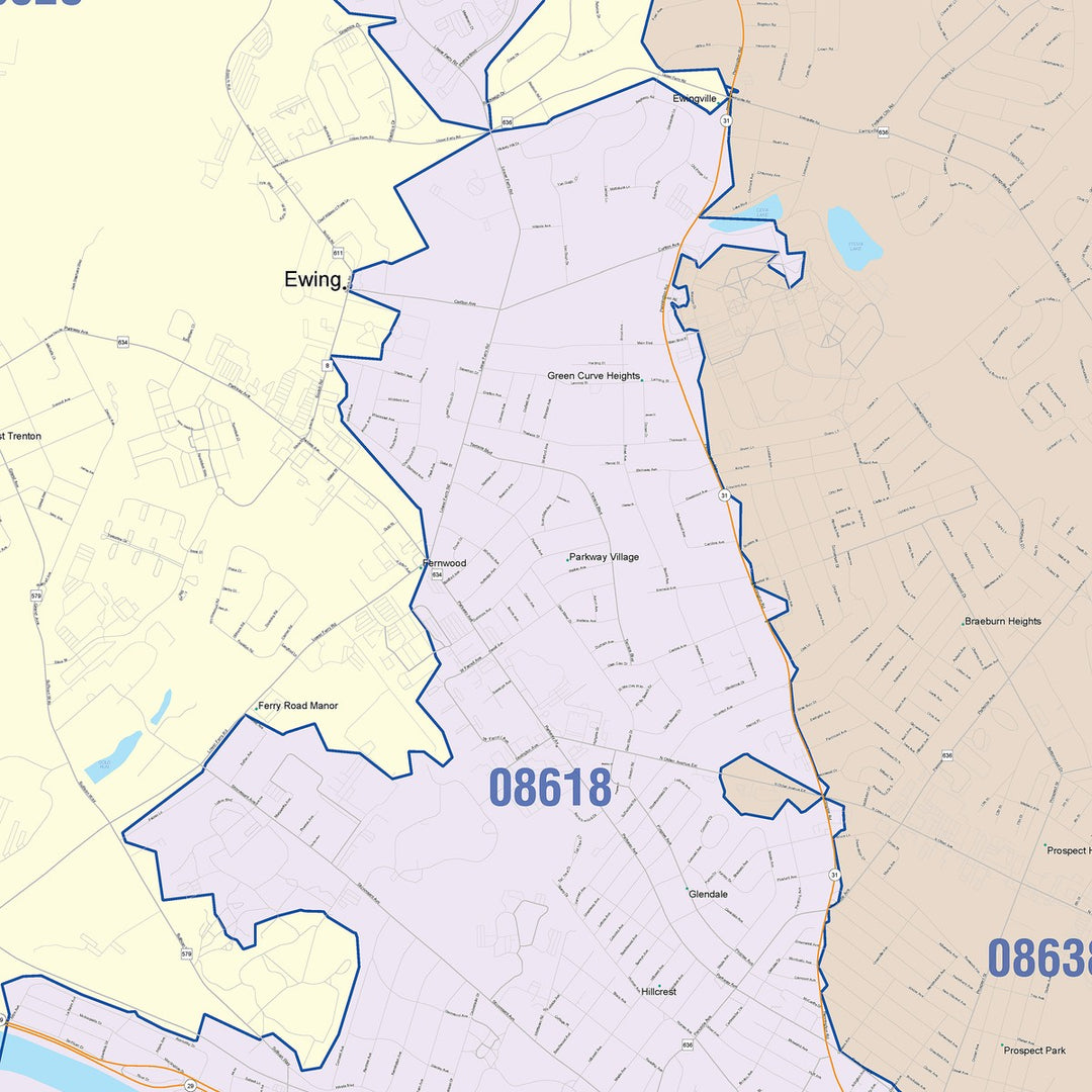 Color Cast Zip Code Style Wall Map of Trenton, NJ