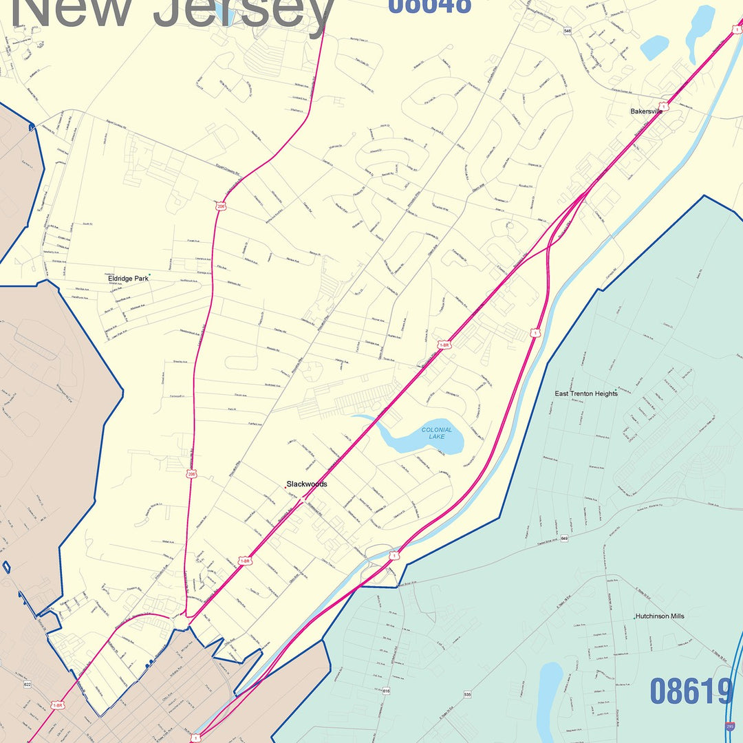 Color Cast Zip Code Style Wall Map of Trenton, NJ